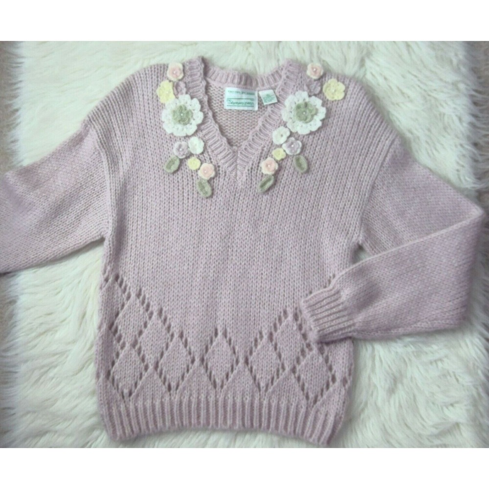 Vintage Shenangains Mauve Sweater Knit Floral V-neck Women's S - Picture 2 of 2